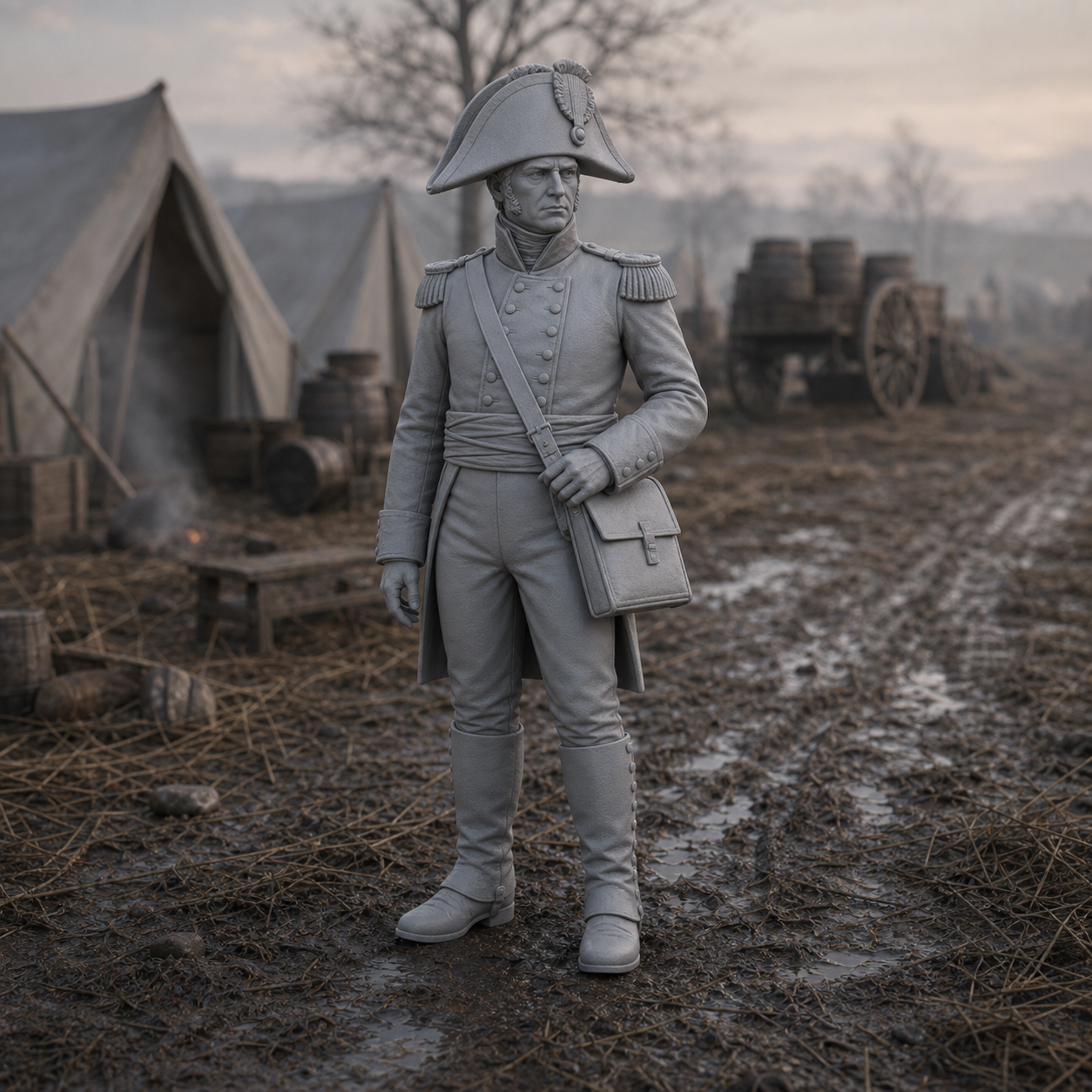 Artillery Officer With Map Case - Napoleonic French artillery officer holding a leather map case, 1:35 scale grey resin miniature.