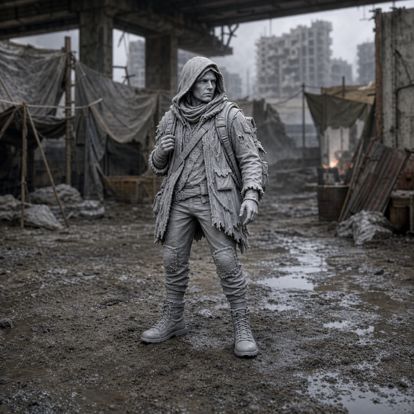 Ash Covered Camp Scout - near-future post-event camp scout in scavenged kit with respirator, 1:35 scale grey resin miniature.