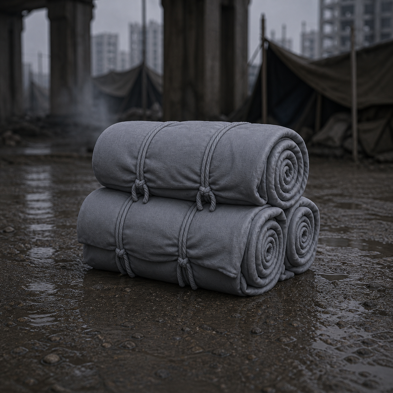 Bedroll Stack - near-future apocalypse stack of rolled blankets and sleeping bags, 1:35 scale grey resin miniature.