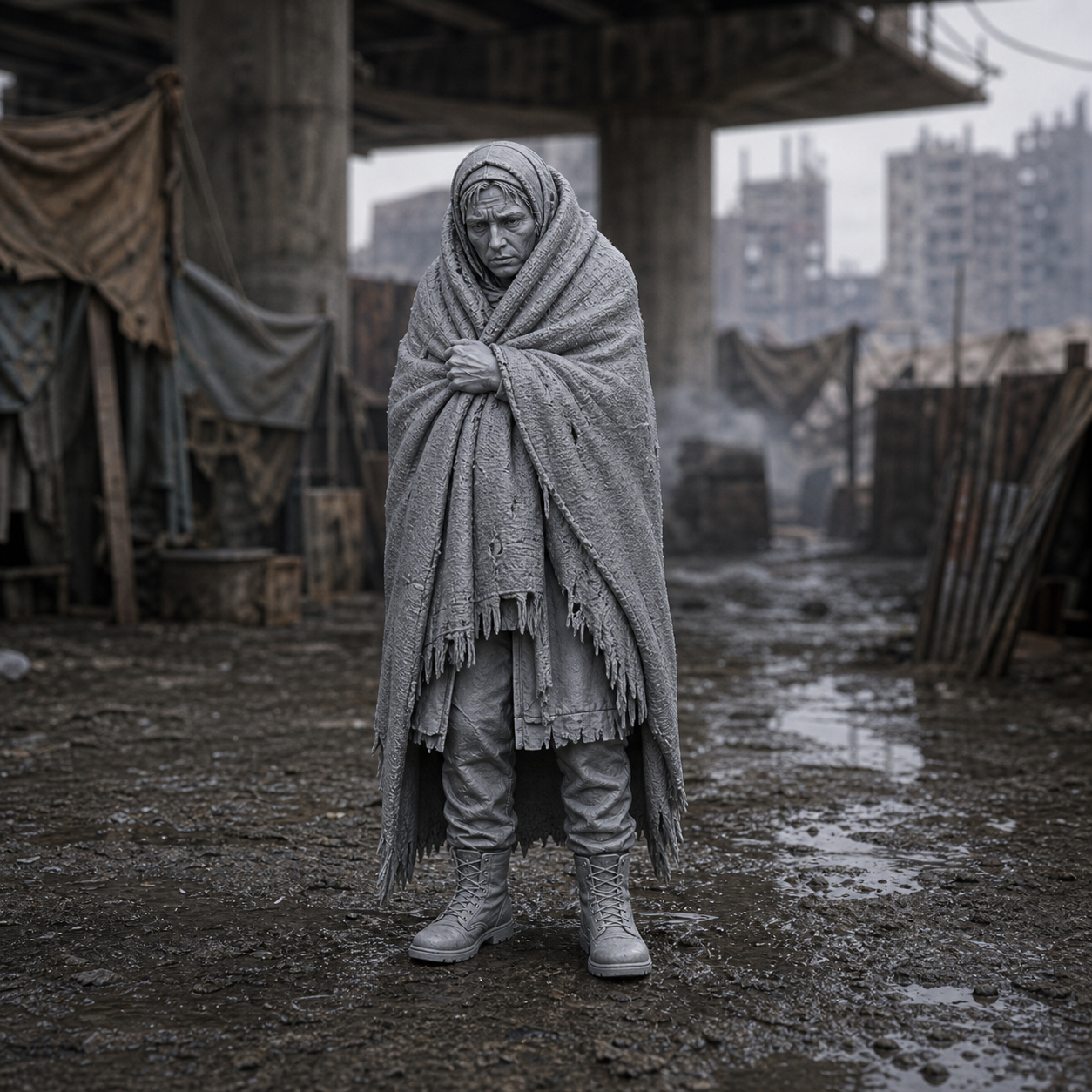 Blanket Wrapped Refugee - near-future displaced civilian wrapped in heavy blanket, 1:35 scale grey resin miniature.