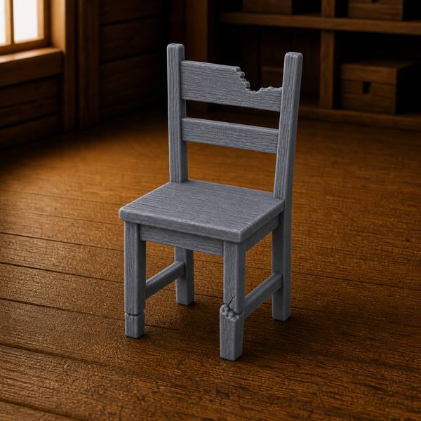 Broken Leg Chair - wooden chair with one leg snapped, tilted at angle, 1:35 scale grey resin miniature.