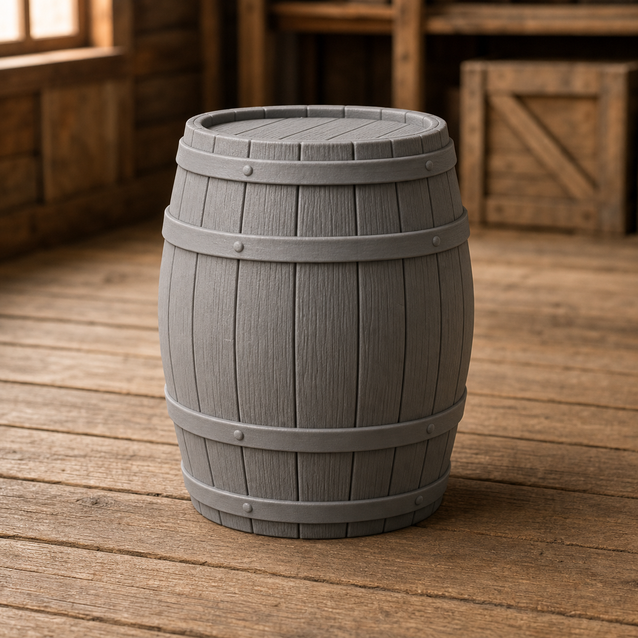 Classic Oak Barrel - classic oak stave barrel with iron hoops, 1:35 scale grey resin miniature.