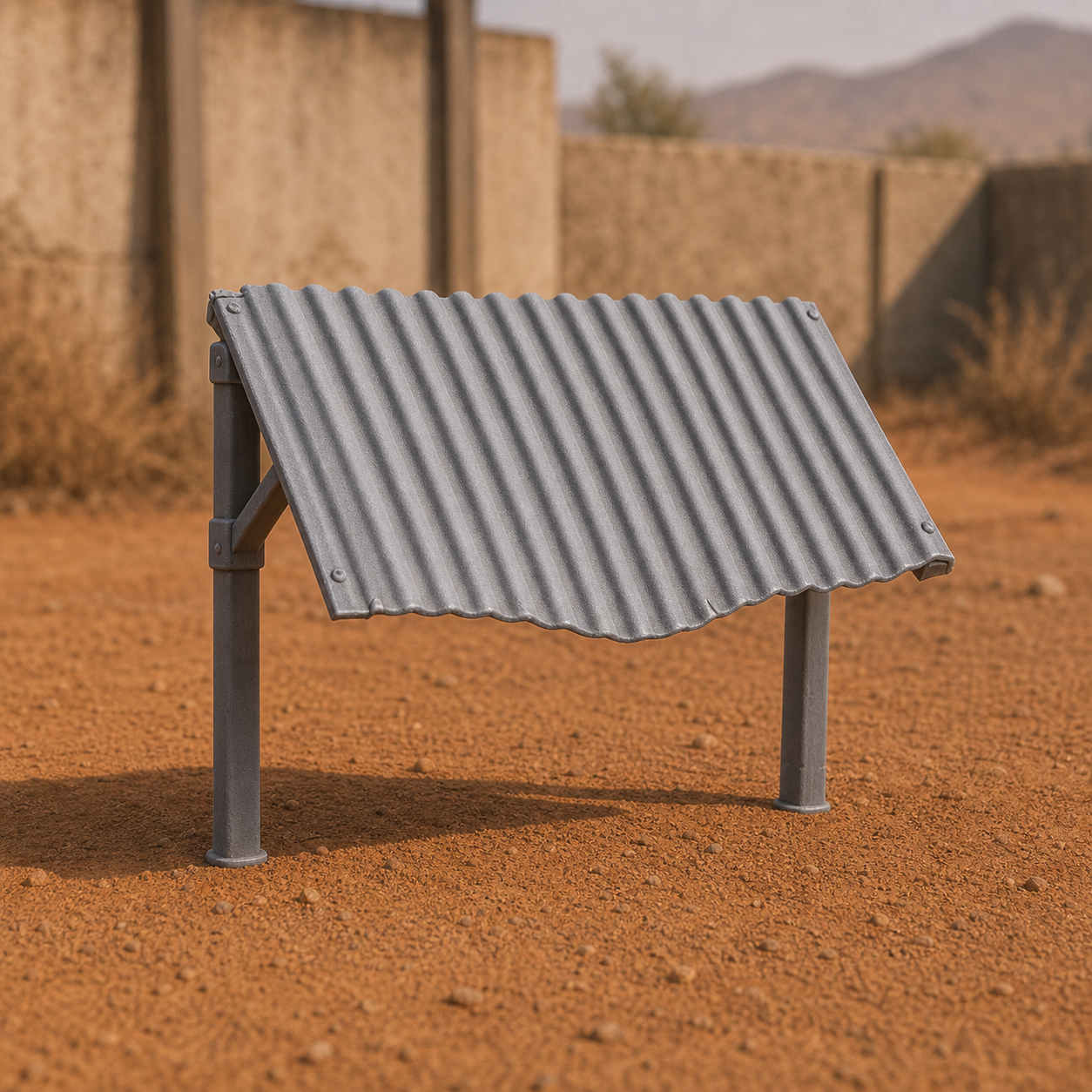 Corrugated Sheet Lean-To Panel - modern Sahel corrugated metal lean-to panel, 1:35 scale grey resin miniature.