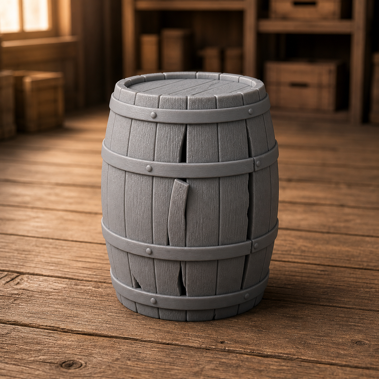 Cracked Stave Barrel - broken-stave barrel with split side, 1:35 scale grey resin miniature.
