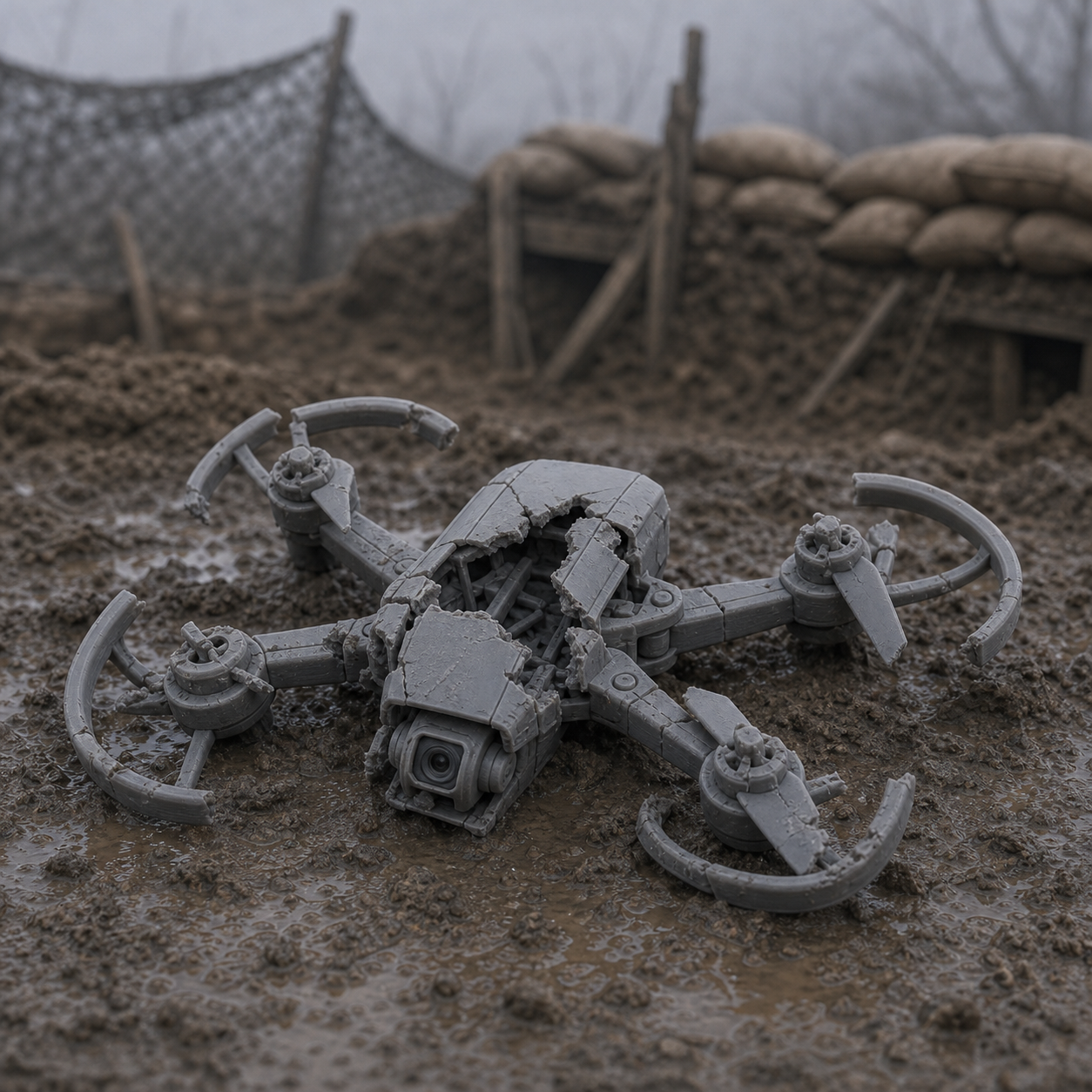 Downed Drone Wreck - shot-down quadcopter drone wreck in mud, 1:35 scale grey resin miniature.