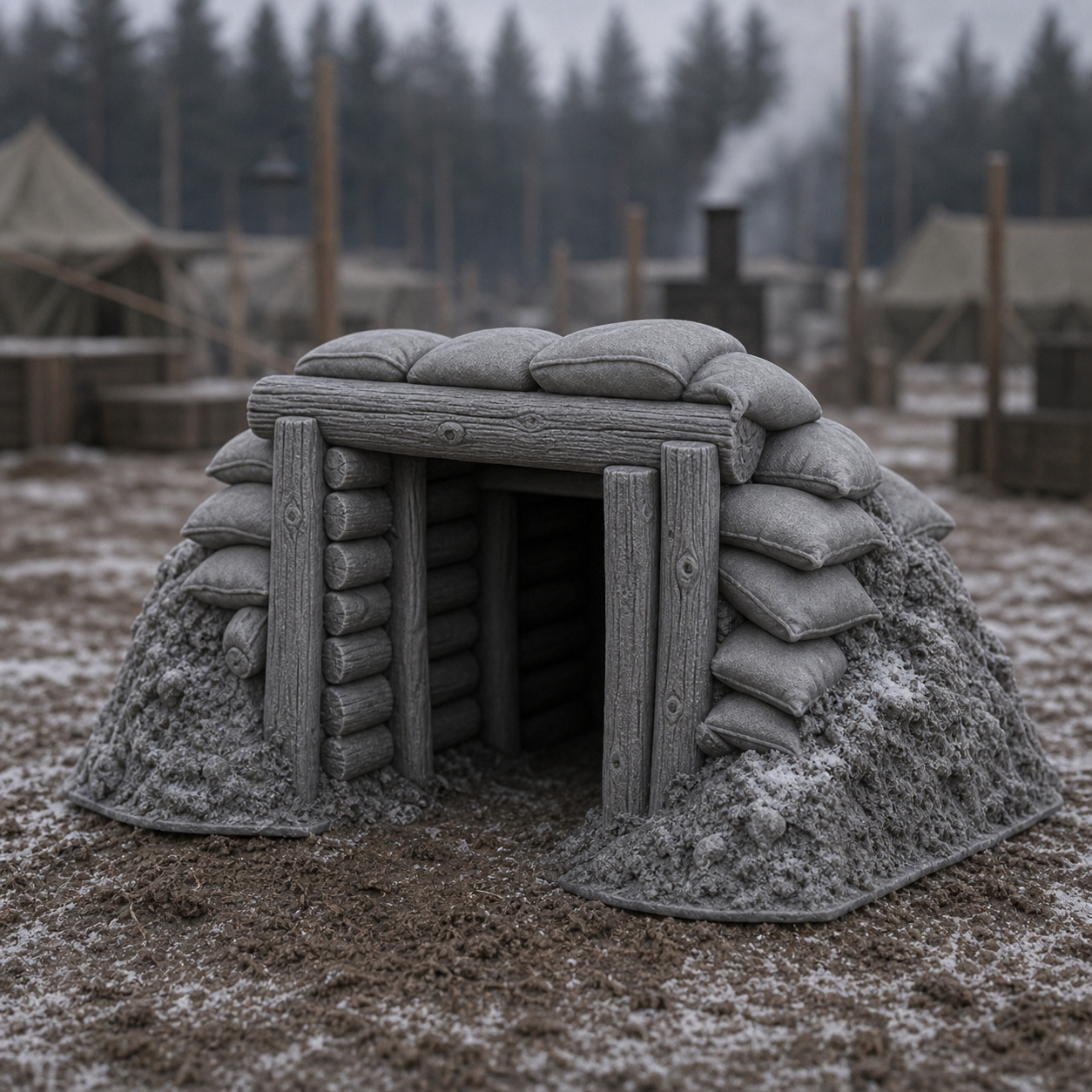 Dugout Entrance Facade - WWII Soviet zemlyanka dugout entrance section, 1:35 scale grey resin miniature.