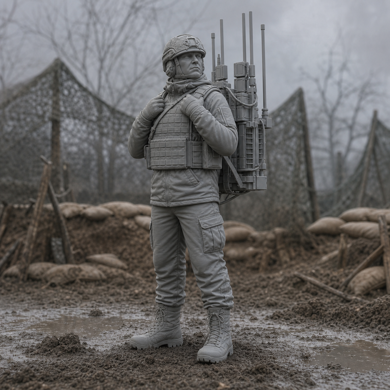 Electronic Warfare Backpack Operator - Ukrainian EW soldier with backpack jammer and directional antenna, 1:35 scale grey resin miniature.