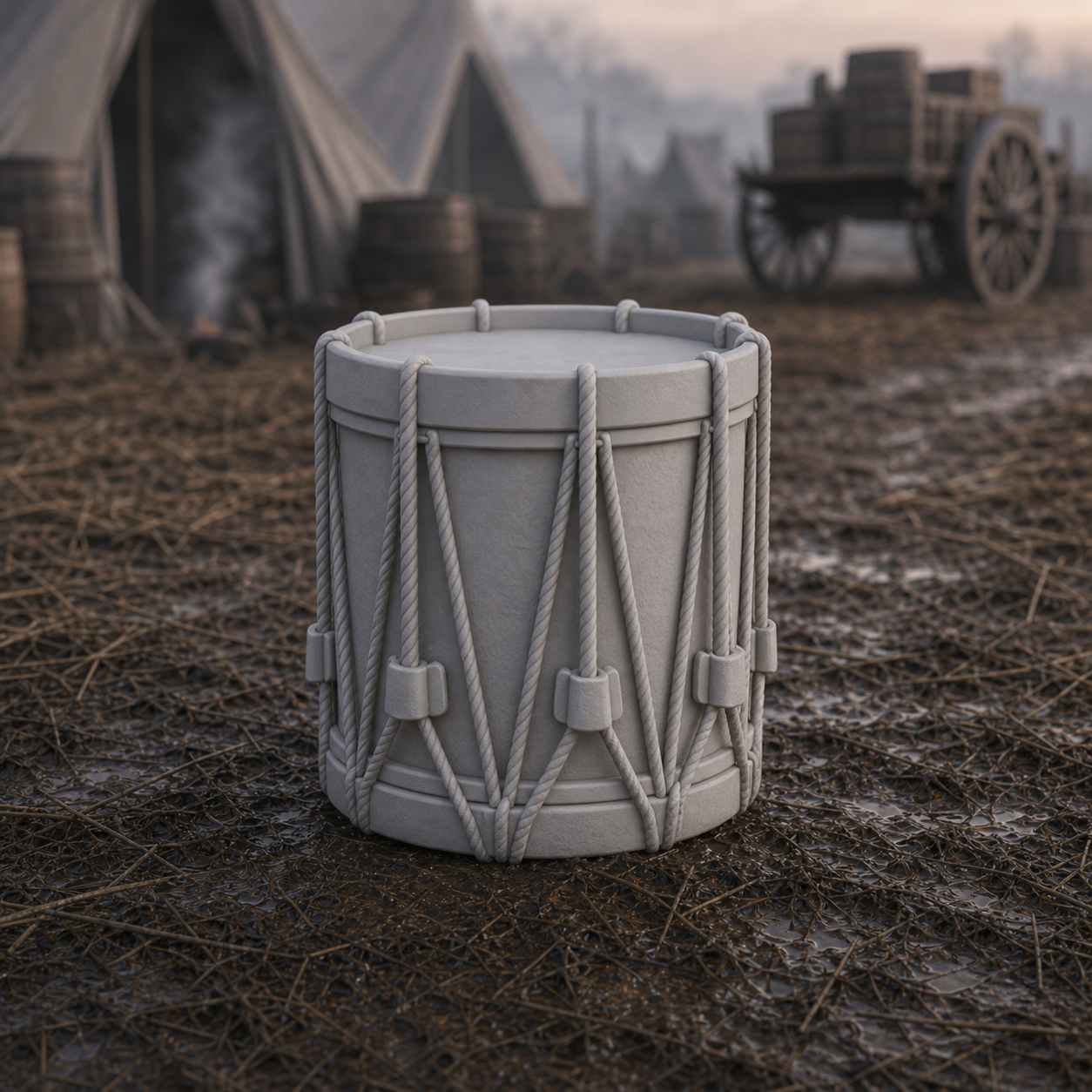 Field Drum - Napoleonic-era infantry field drum set down at camp, 1:35 scale grey resin miniature.