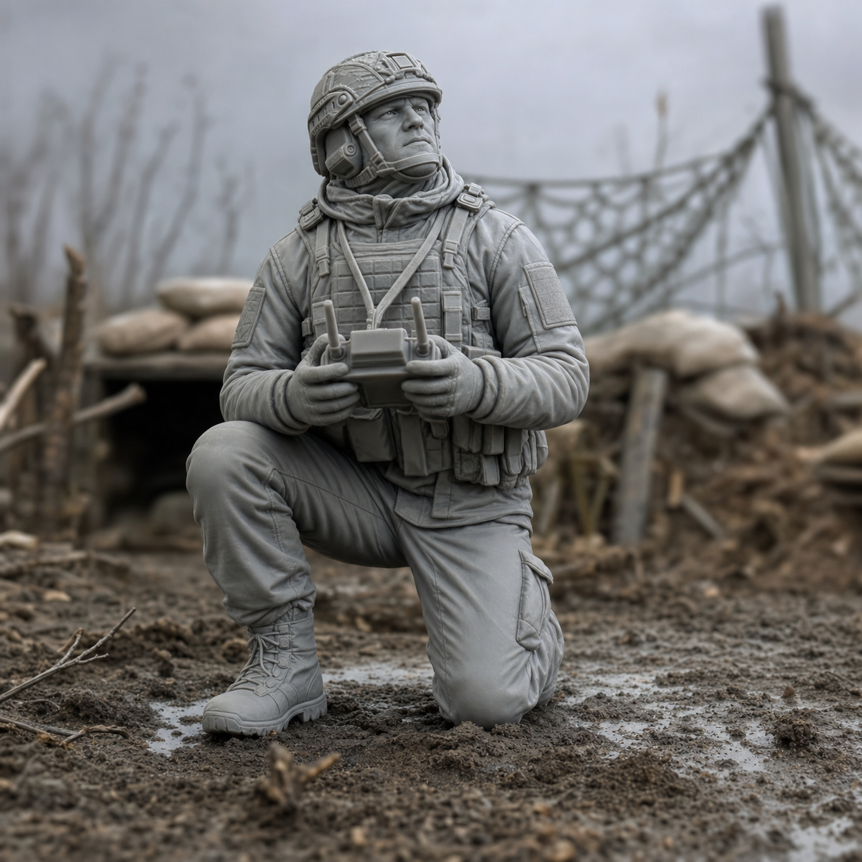 FPV Drone Operator Kneeling - Ukrainian FPV drone operator kneeling with goggles and controller, 1:35 scale grey resin miniature.
