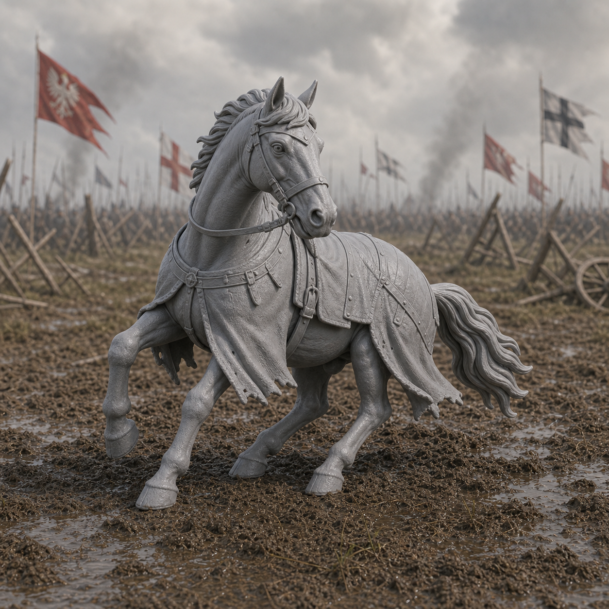 Loose Warhorse Reeling - 15th century riderless warhorse reeling on the Grunwald battlefield, 1:35 scale grey resin miniature.