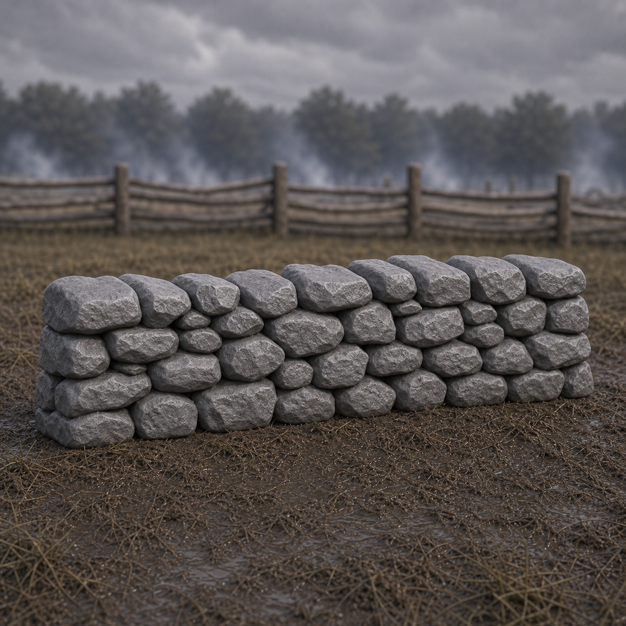Low Stone Wall Section - Civil War-era low dry-stone field boundary wall, 1:35 scale grey resin miniature.