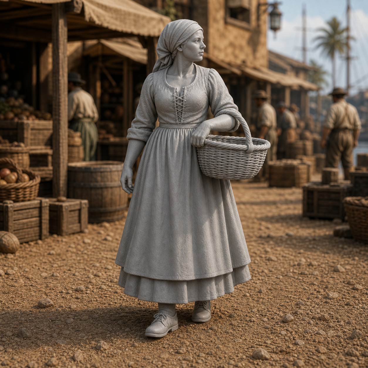Market Woman With Basket - colonial market woman in plain dress with wicker basket, 1:35 scale grey resin miniature.