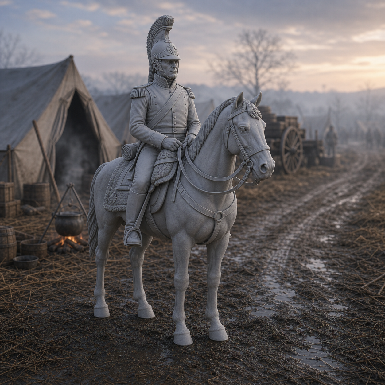 Mounted Dragoon On Horse - Napoleonic French dragoon mounted on his horse, 1:35 scale grey resin miniature.