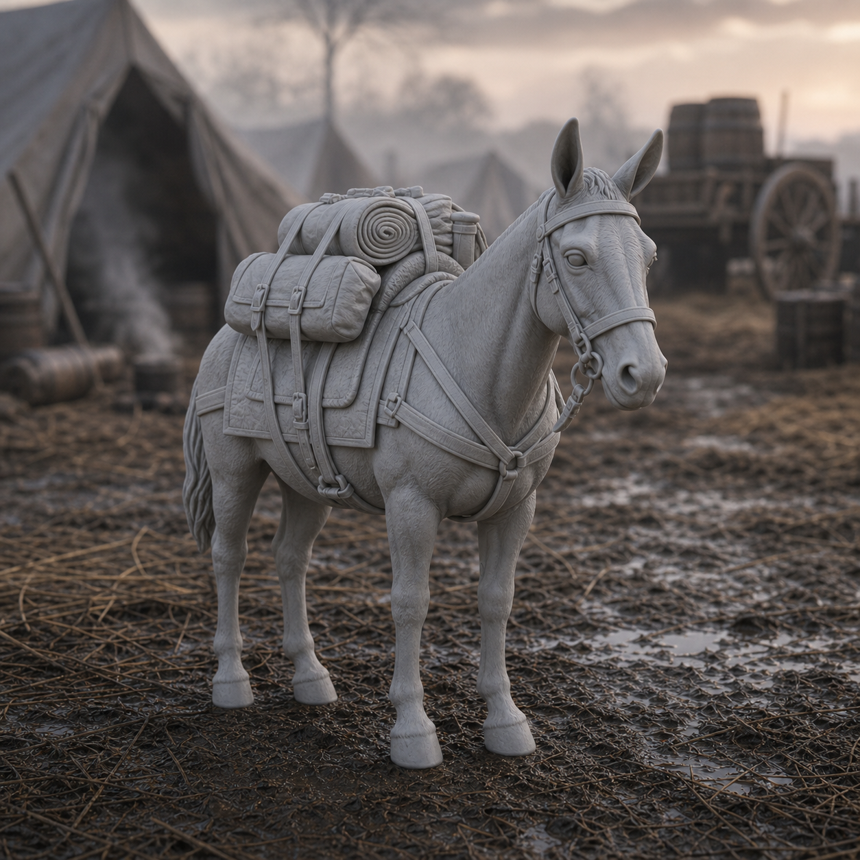 Pack Mule With Campaign Saddle - Napoleonic French campaign pack mule with saddle, panniers, and rolled blanket, 1:35 scale grey resin miniature.
