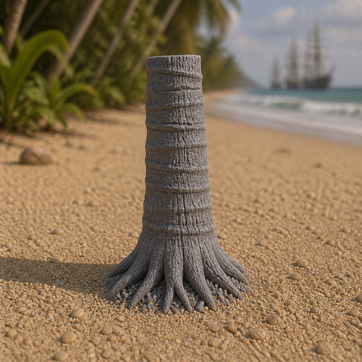 Palm Trunk Segment - Caribbean palm tree trunk segment with textured bark, 1:35 scale grey resin miniature.
