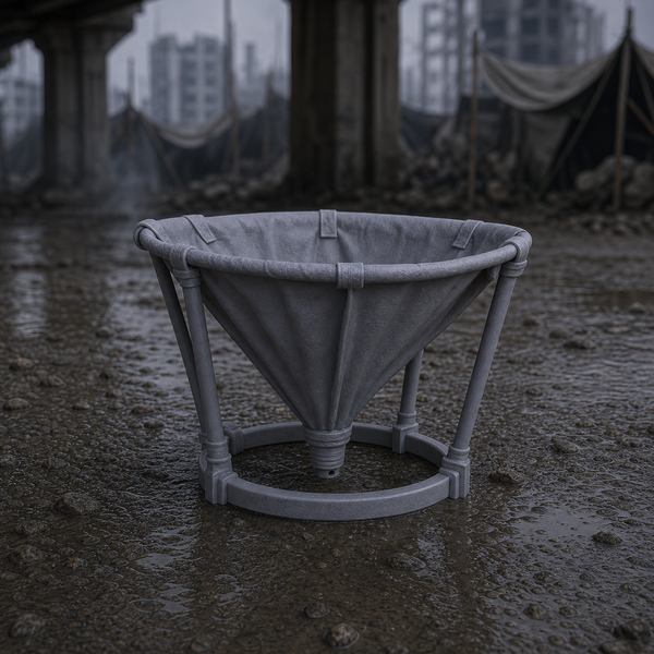 Rain Catcher Funnel - near-future apocalypse improvised rain catcher funnel over a barrel, 1:35 scale grey resin miniature.
