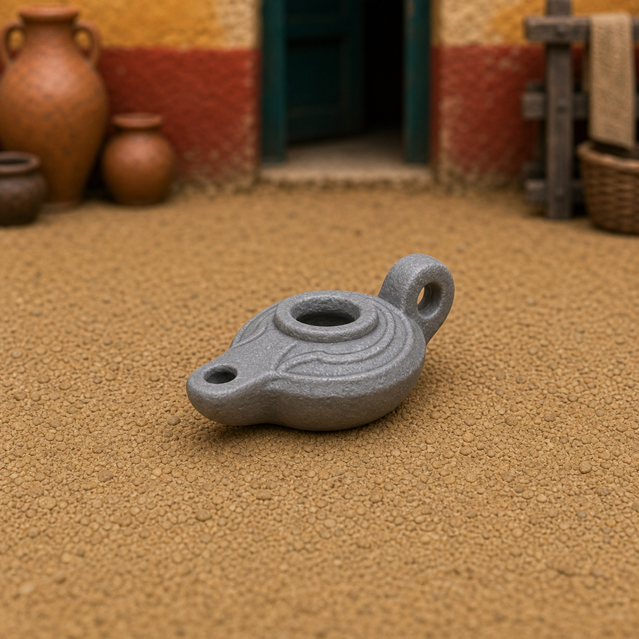 Small Oil Lamp — Roman ceramic lucerna oil lamp, 1:35 scale grey resin miniature.