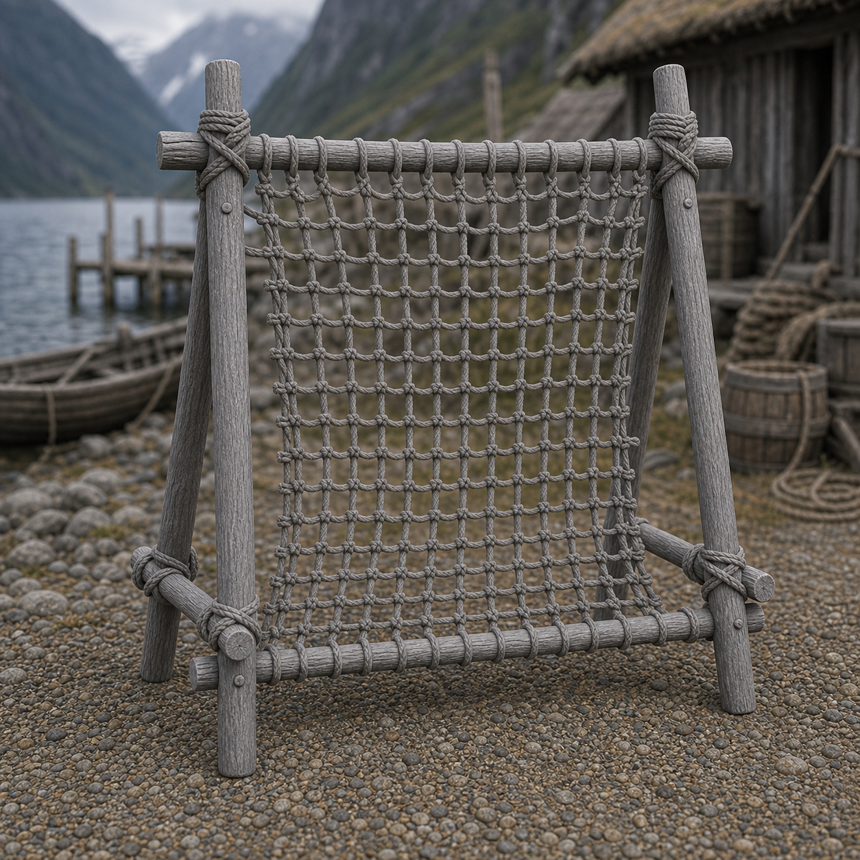 Net Repair Frame - Viking-Age timber frame with a part-mended fishing net stretched across, 1:35 scale grey resin miniature.