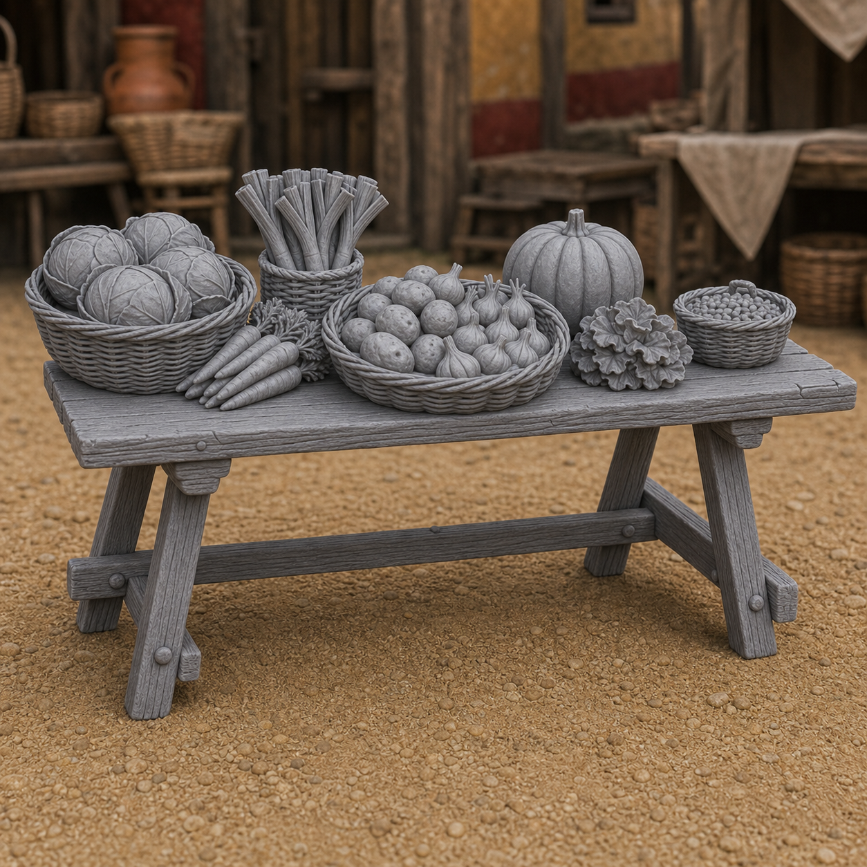 Produce Trestle Table - early medieval trestle market table with produce piled on top, 1:35 scale grey resin miniature.