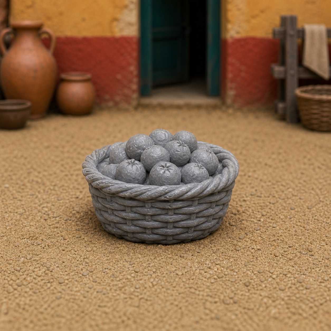Round Fruit Basket — Roman wicker basket filled with fresh fruit, 1:35 scale grey resin miniature.