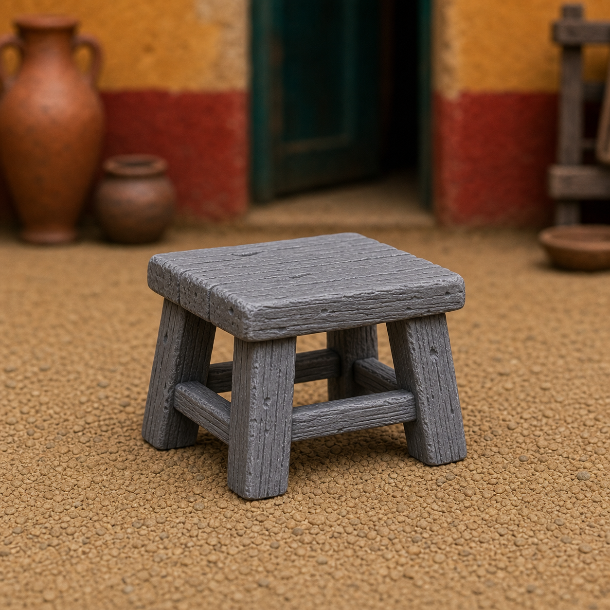 Small Street Stool - blocky Roman wooden stool, 1:35 scale grey resin miniature.
