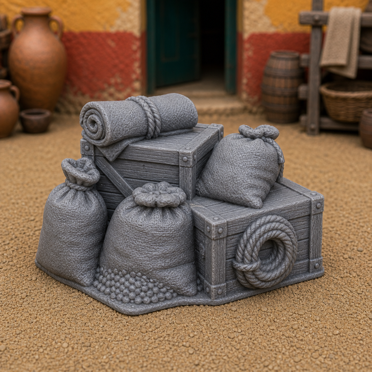 Market Crates and Sacks — stacked Roman wooden crates and linen sacks, 1:35 scale grey resin miniature.