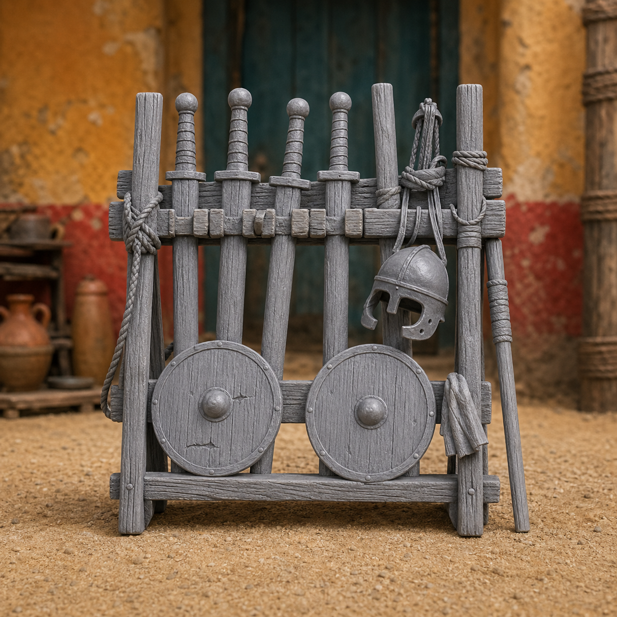 Ludus Weapon Rack — Roman gladiator training arsenal stand with wooden swords, shields and helmets, 1:35 scale grey resin miniature.