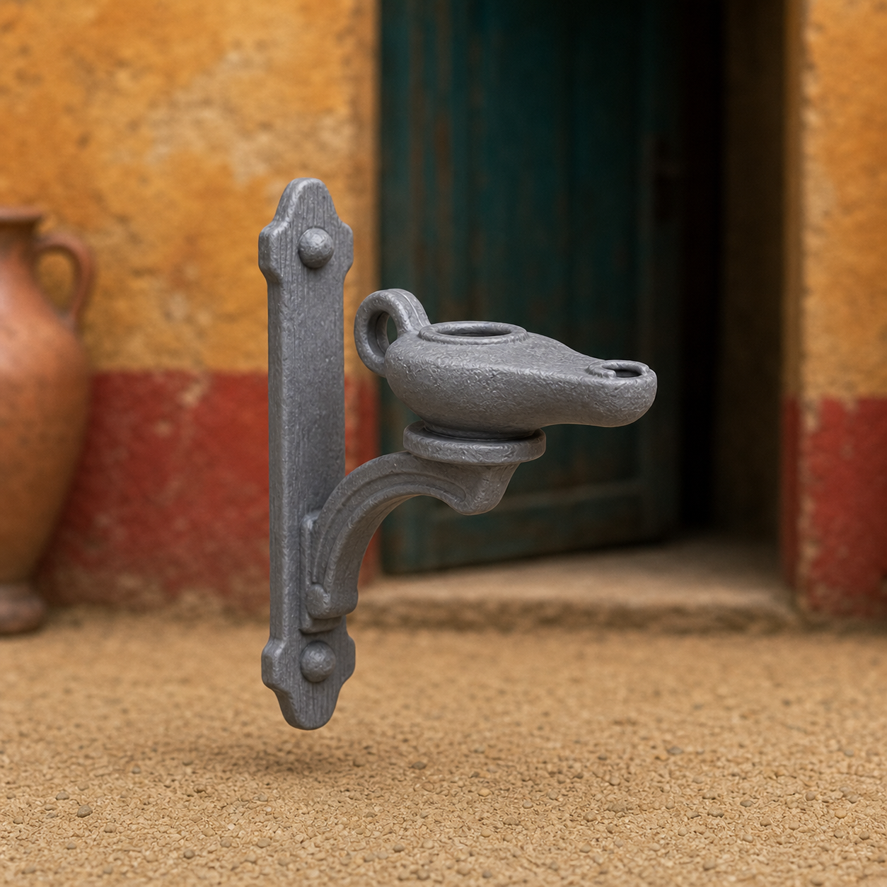 Wall Oil Lamp Bracket - Roman wall-mounted iron bracket holding a small oil lamp, 1:35 scale grey resin miniature.