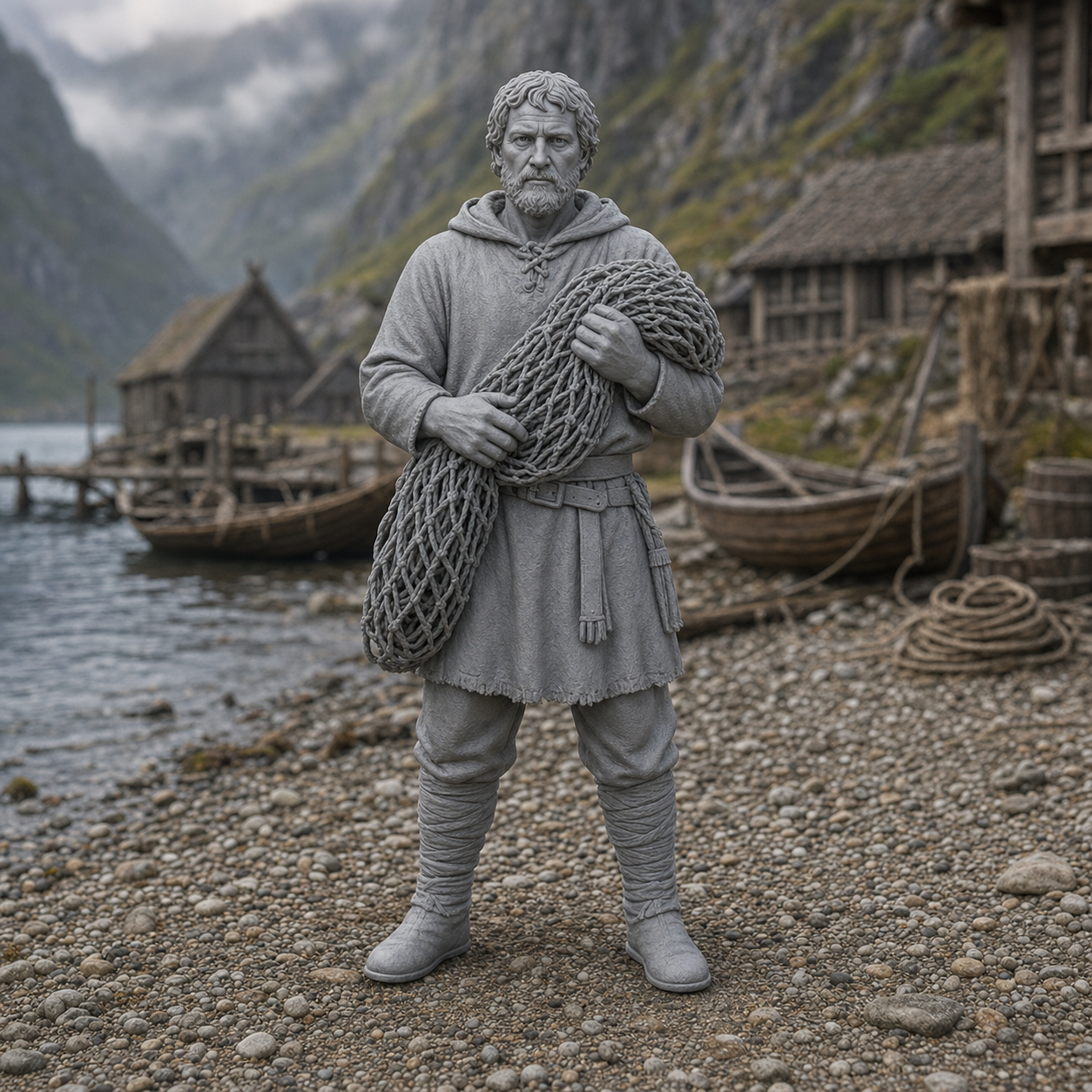 Norse Fisherman With Net - Viking-Age fisherman hauling a folded net over one shoulder along the fjord shore, 1:35 scale grey resin miniature.