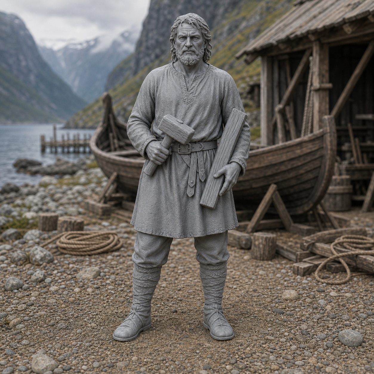 Boatwright Worker - Viking-Age boat builder leaning over a clinker plank with a small adze, 1:35 scale grey resin miniature.