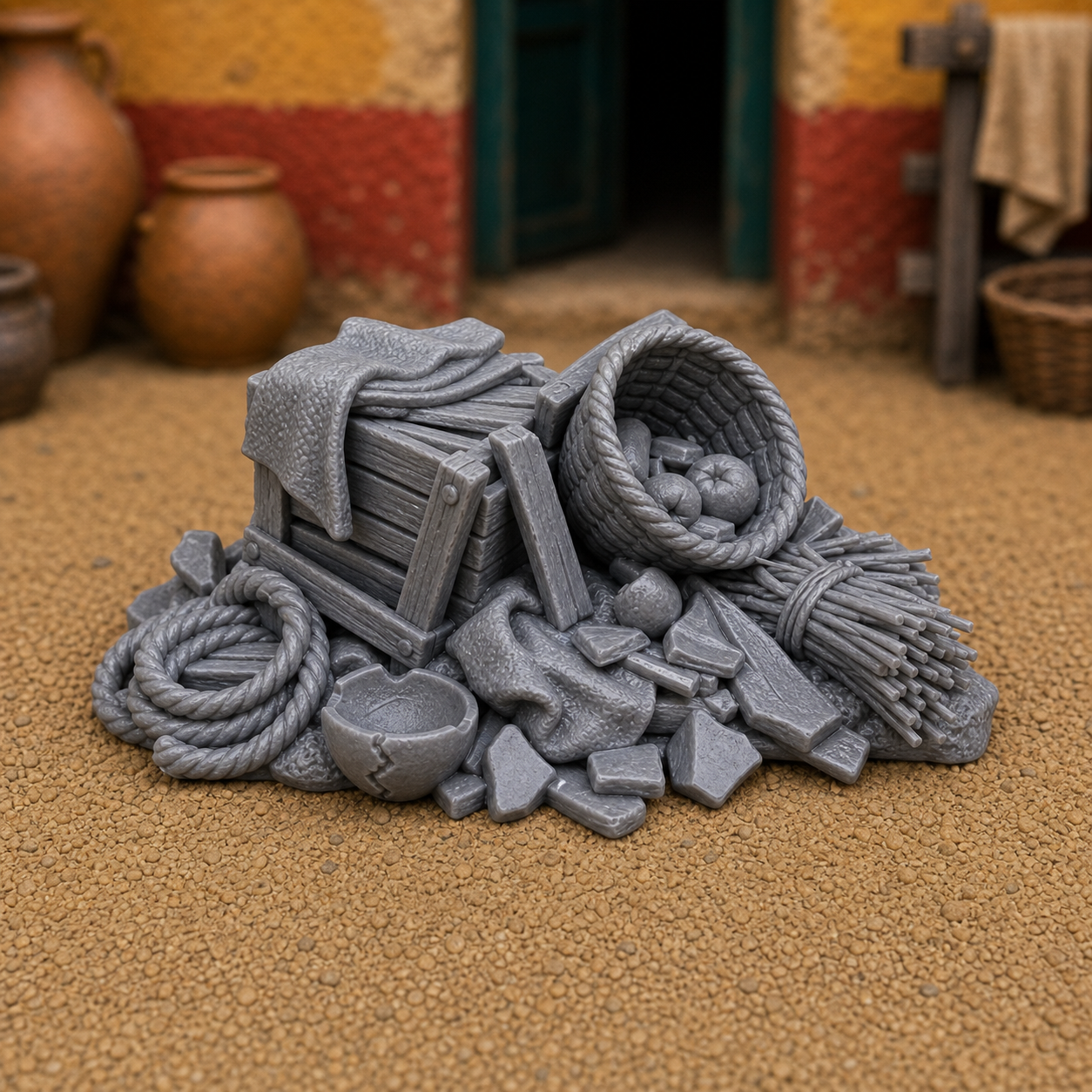 Market Street Clutter Pile — Roman marketplace street debris with broken pottery, scraps, and discarded baskets, 1:35 scale grey resin miniature.