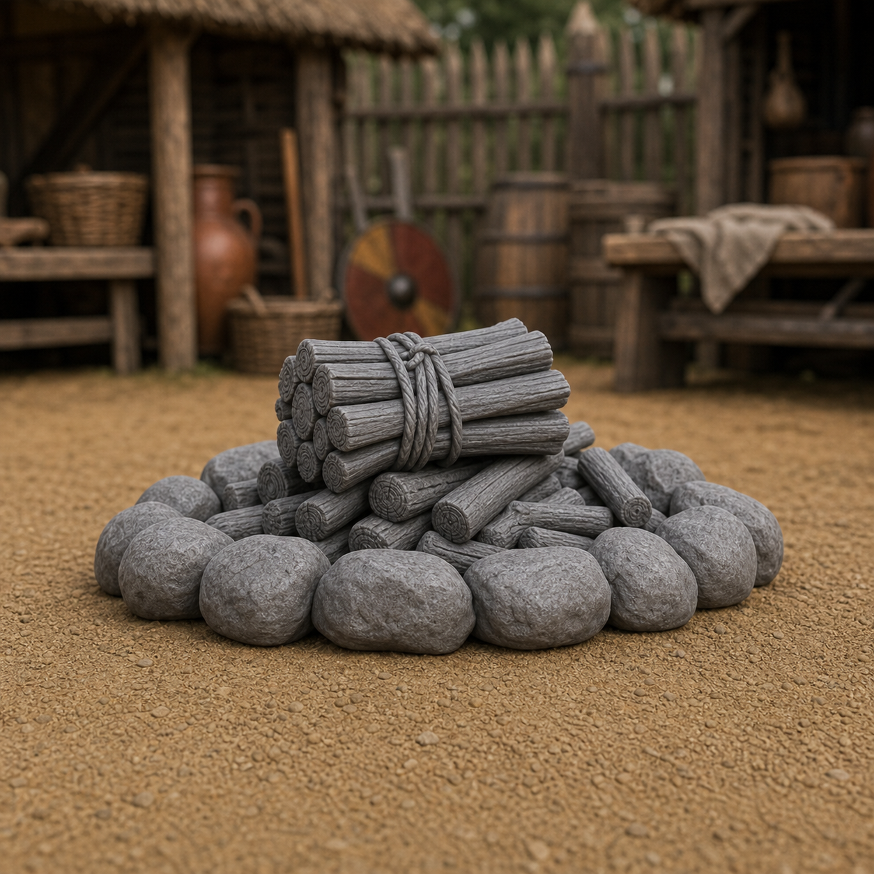 Firewood And Hearth Bundle - low hearth stones with a bundle of split firewood fused as one prop, 1:35 scale grey resin miniature.