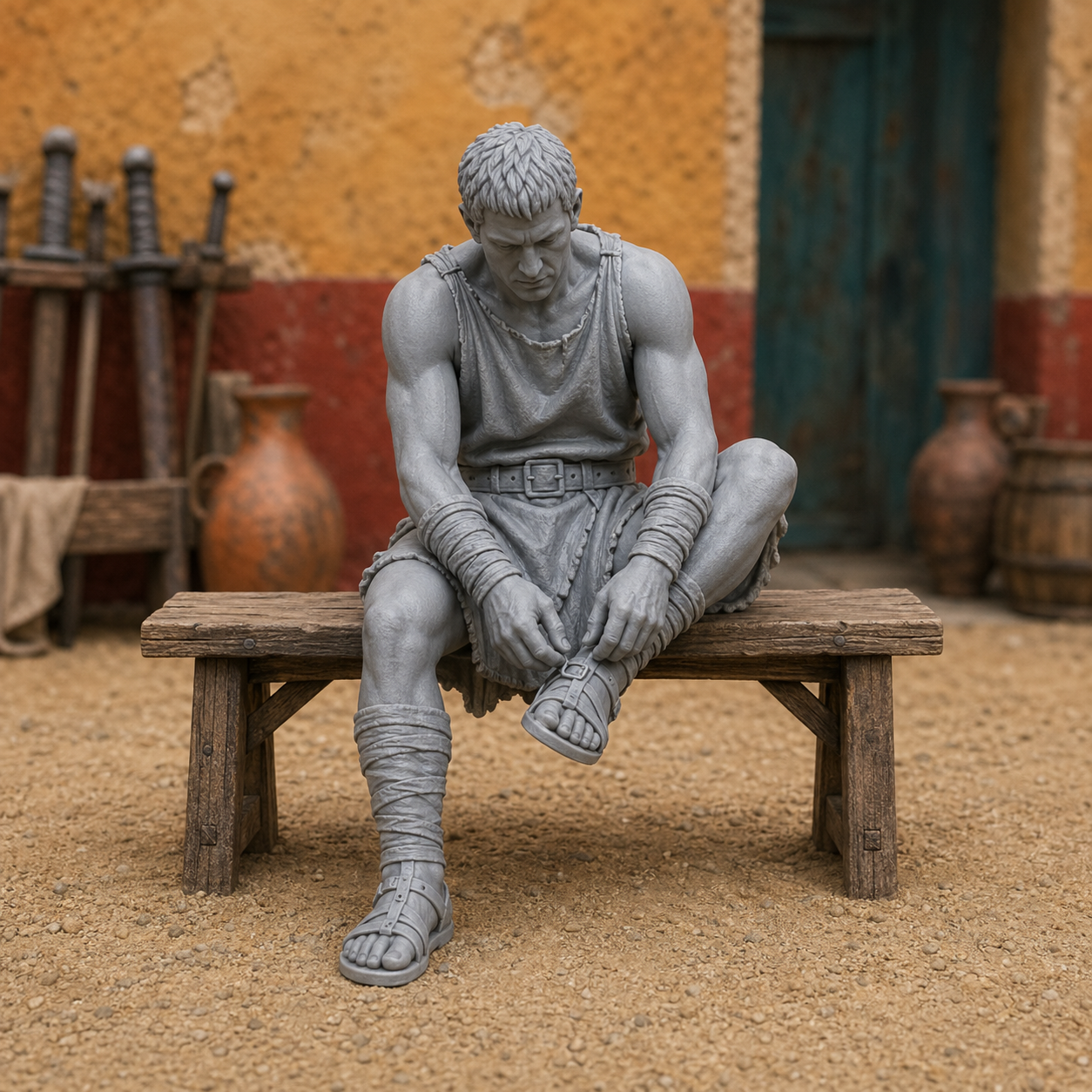 Seated Gladiator Trainee — Roman ludus recruit at rest after drill, 1:35 scale grey resin miniature, adjusting a sandal.