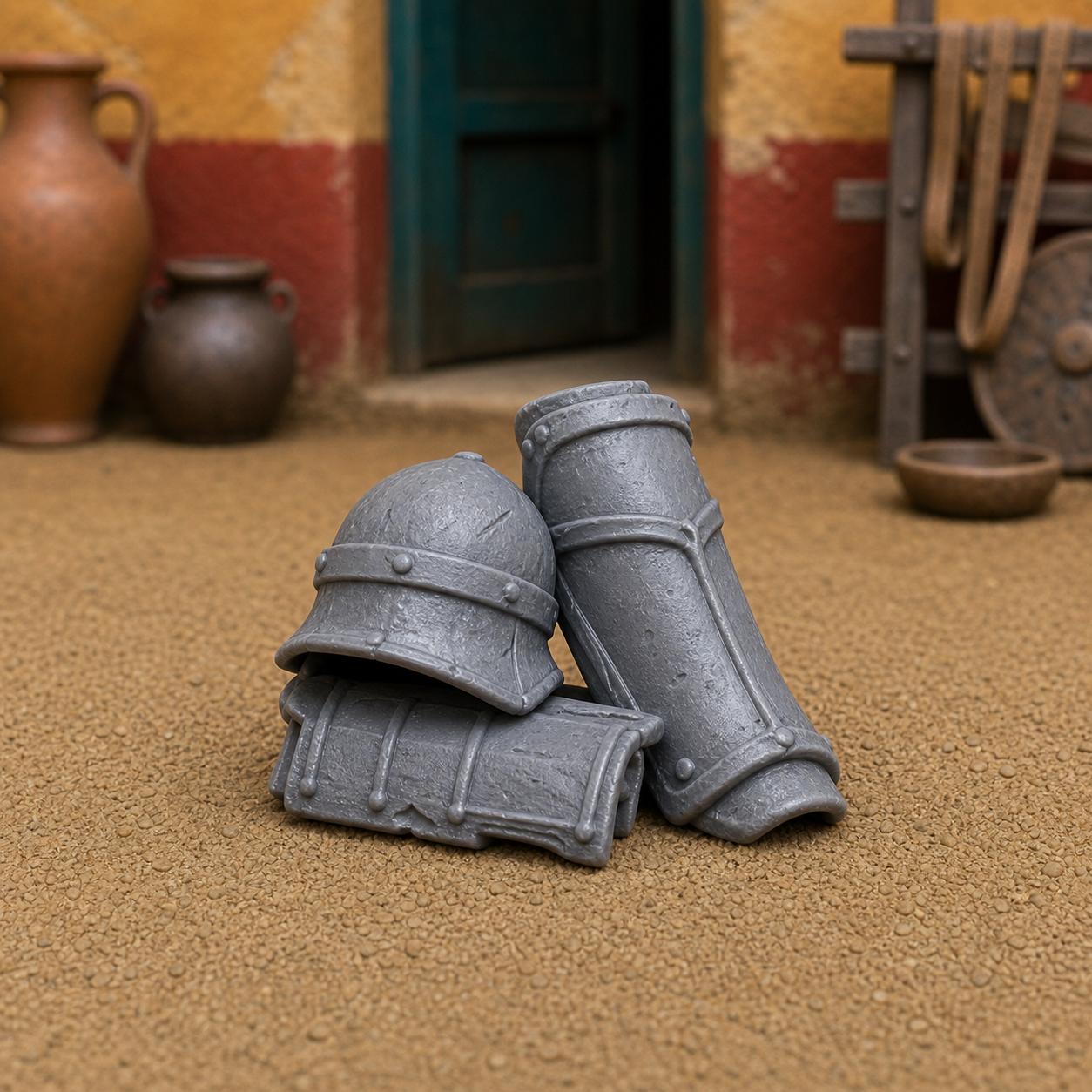 Helmet and Greave Stack - Roman gladiator armor pieces fused into a compact stack, 1:35 scale grey resin miniature.