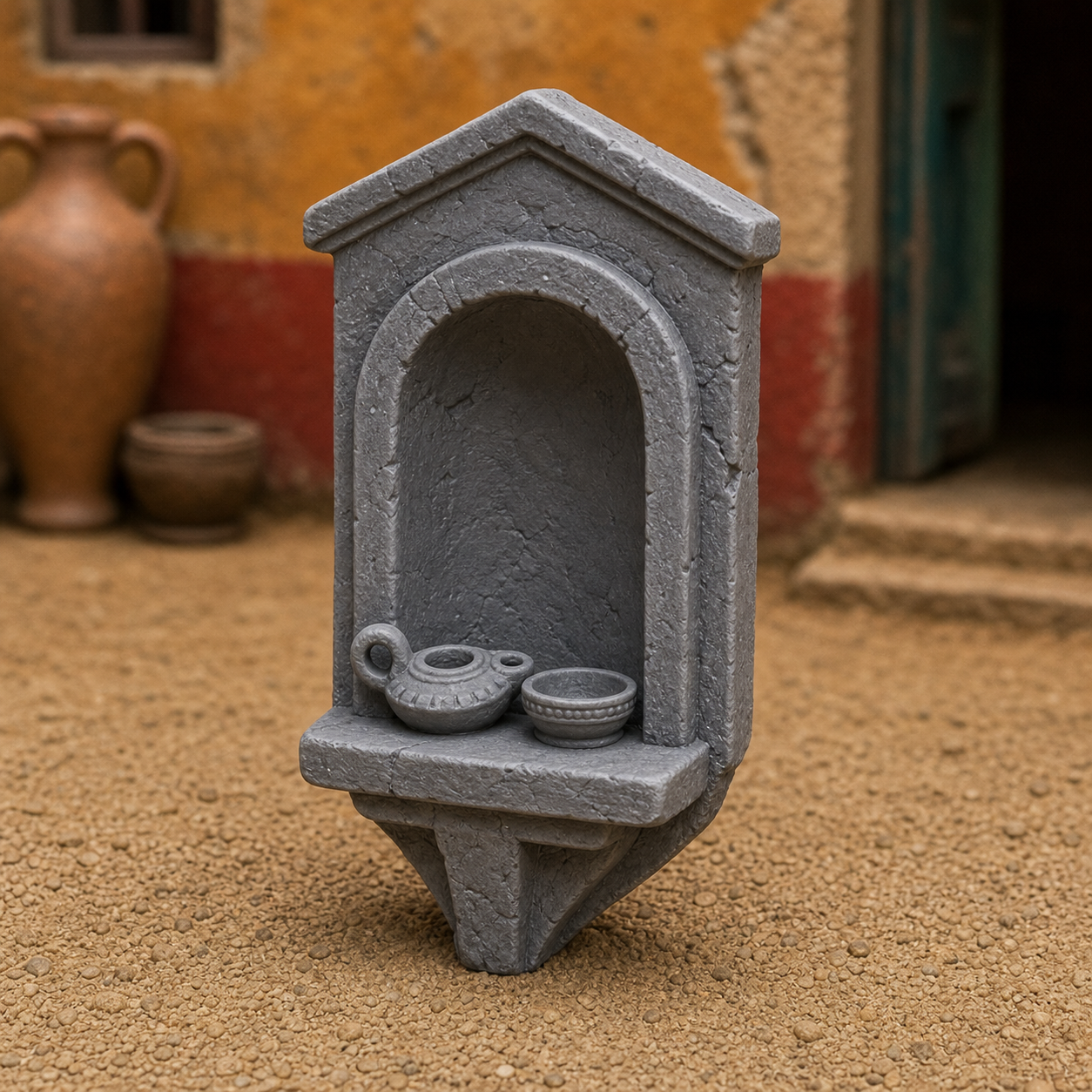 Street Shrine Niche - small arched Roman household shrine with offering bowl, 1:35 scale grey resin miniature.