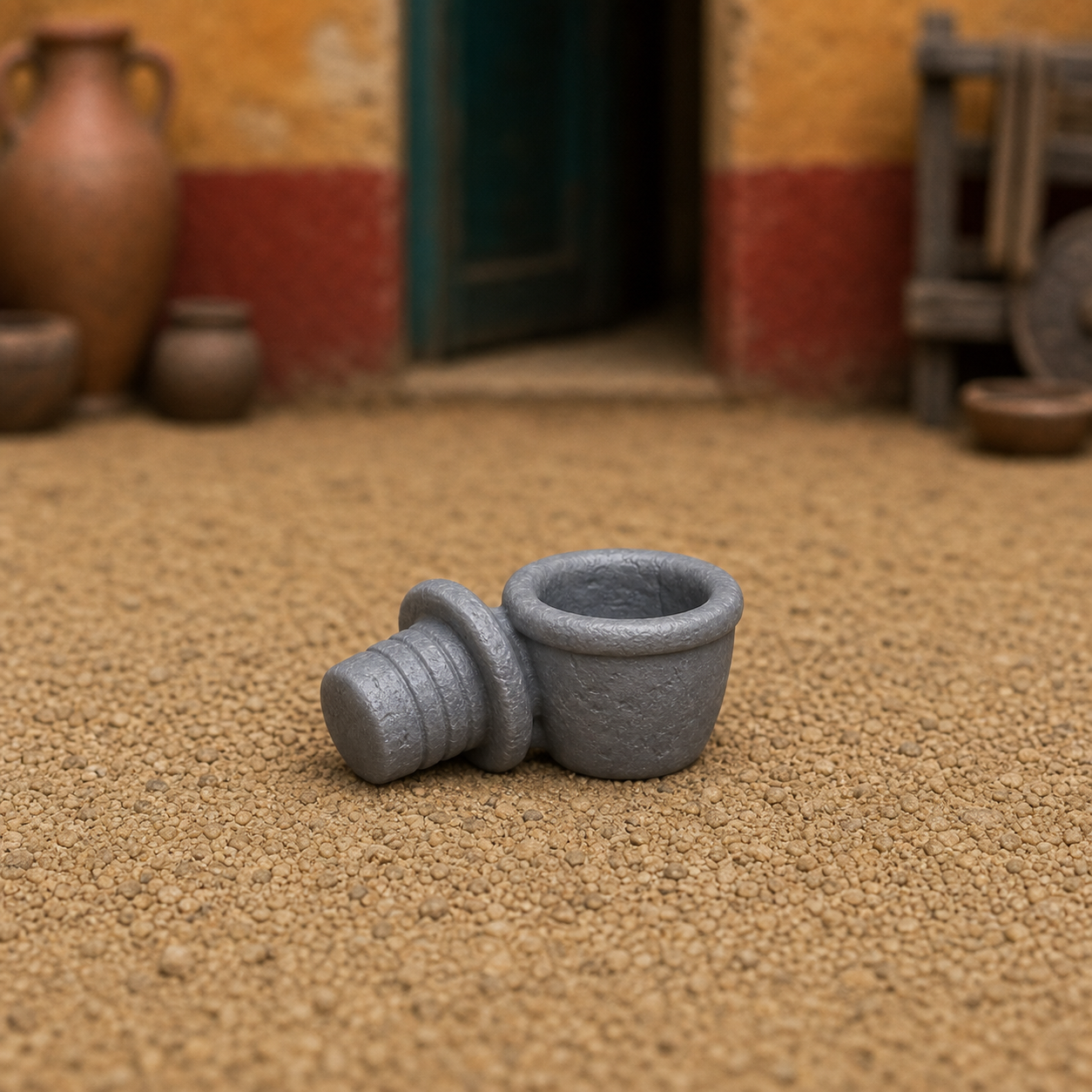 Amphora Stopper and Cup - Roman pottery stopper next to a small drinking cup, fused as one piece, 1:35 scale grey resin miniature.