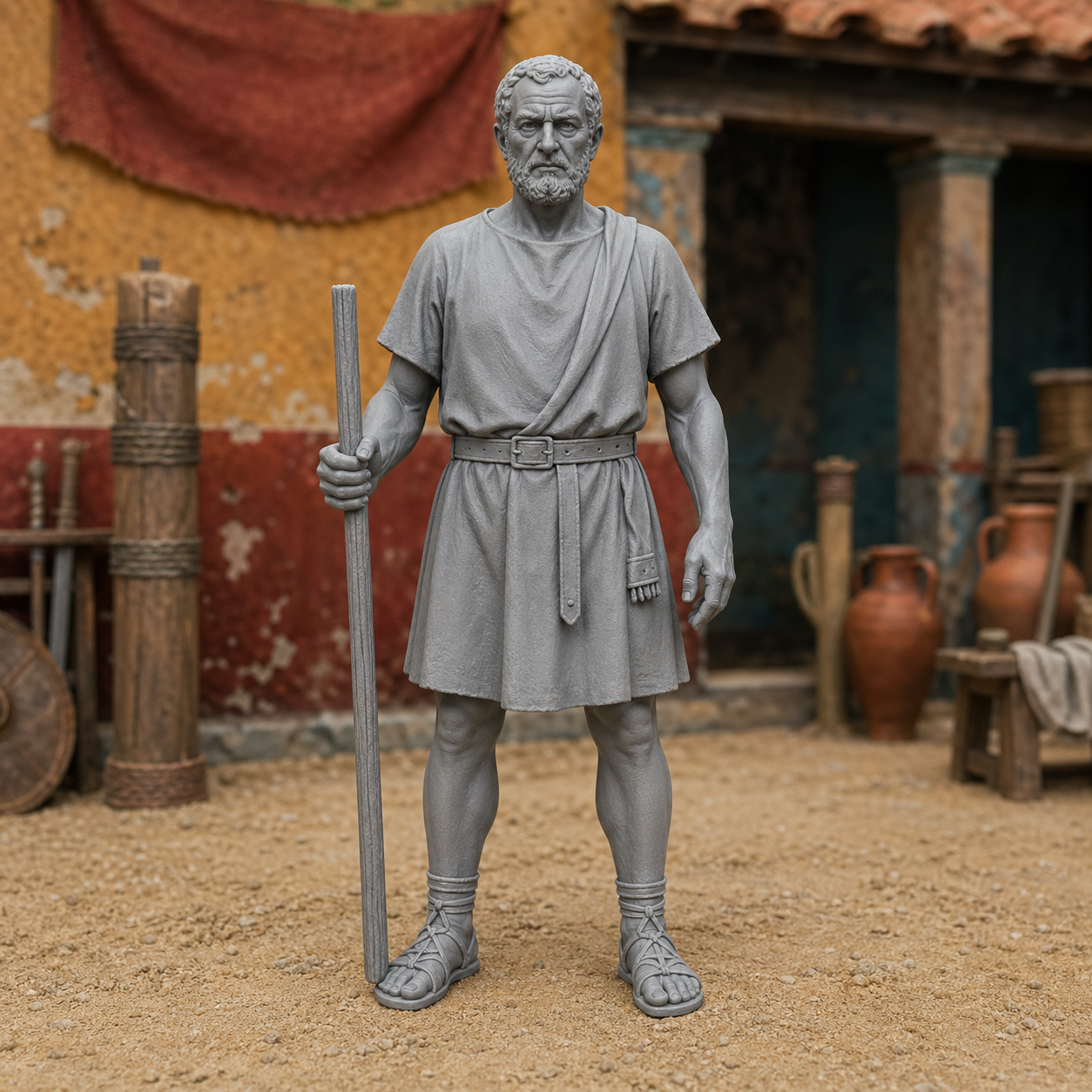 Doctore Trainer — Roman gladiator school instructor, 1:35 scale grey resin miniature, plain tunic, training staff, weathered face.