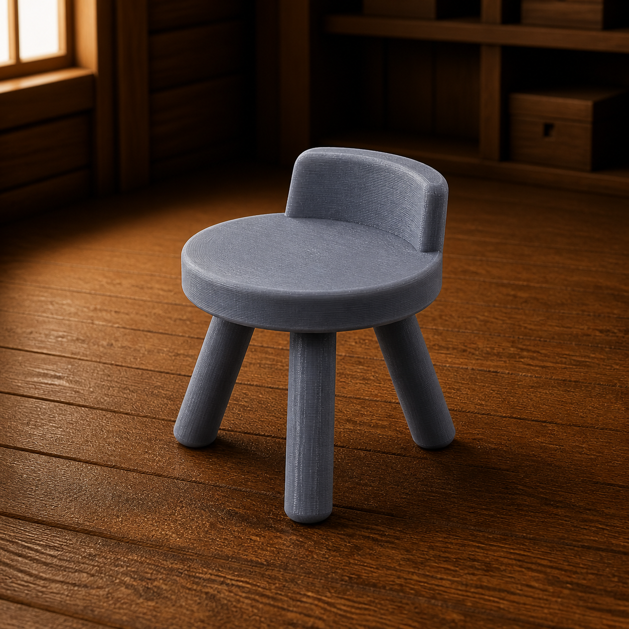 Rustic Three Leg Stool Chair - simple three-legged rustic wooden stool, 1:35 scale grey resin miniature.