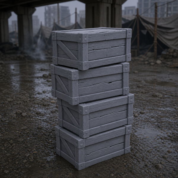 Salvaged Crate Stack - near-future apocalypse stack of salvaged plastic and wooden crates, 1:35 scale grey resin miniature.