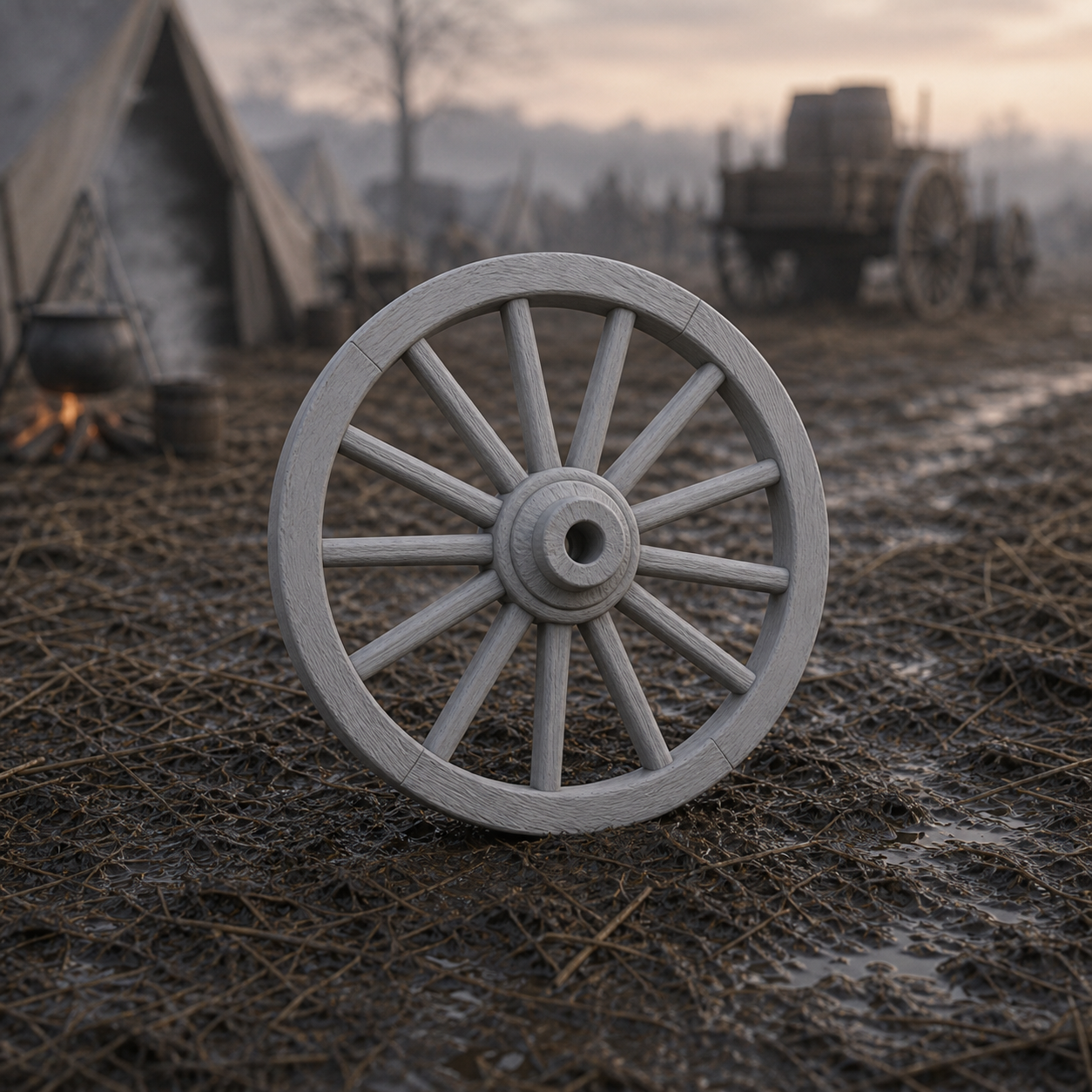 Supply Wagon Wheel - Napoleonic-era wooden wagon wheel propped against a baggage line, 1:35 scale grey resin miniature.