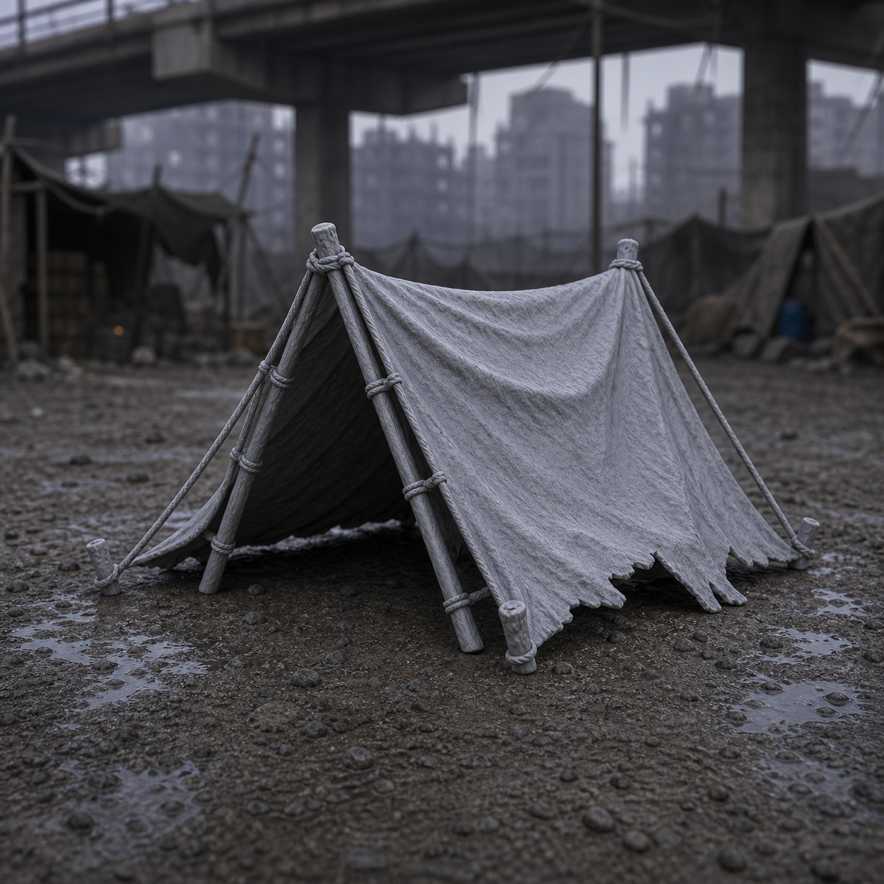 Tarp Lean To Shelter - near-future apocalypse improvised tarp lean-to shelter, 1:35 scale grey resin miniature.
