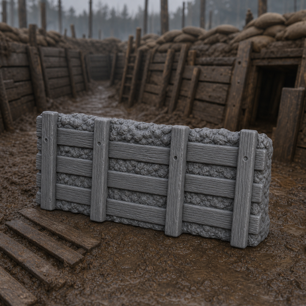Timber Revetment Wall Section - WW1 trench wall faced with vertical planks held by horizontal struts, 1:35 scale grey resin miniature.