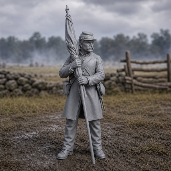 Union Color Sergeant With Furled Flag - Civil War Union color sergeant holding the regimental colors furled around the staff, 1:35 scale grey resin miniature.