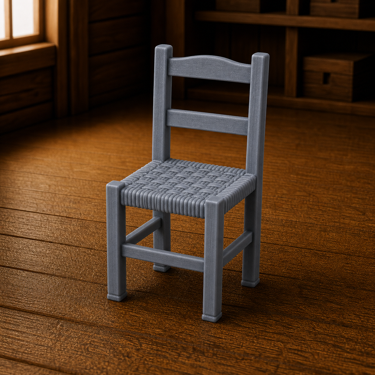 Wicker Seat Chair - chair with woven wicker seat panel, 1:35 scale grey resin miniature.