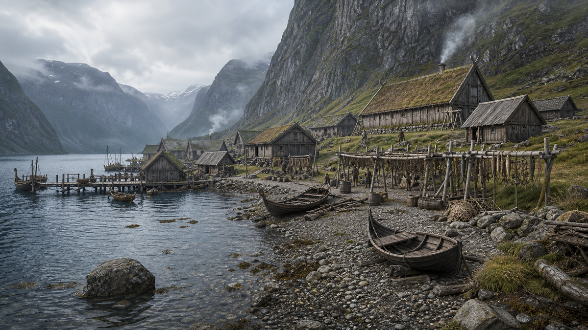 Viking Fjord Fishing Village diorama scene