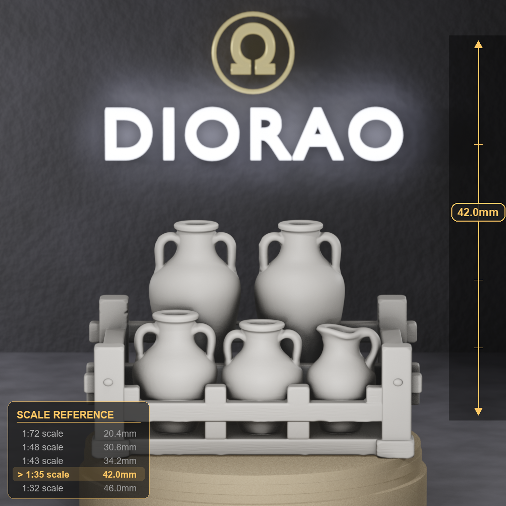 Amphora and Jug Set — Roman marketplace ceramic vessels including amphorae, urna, and small jugs, 1:35 scale grey resin miniature. — size reference with ruler.
