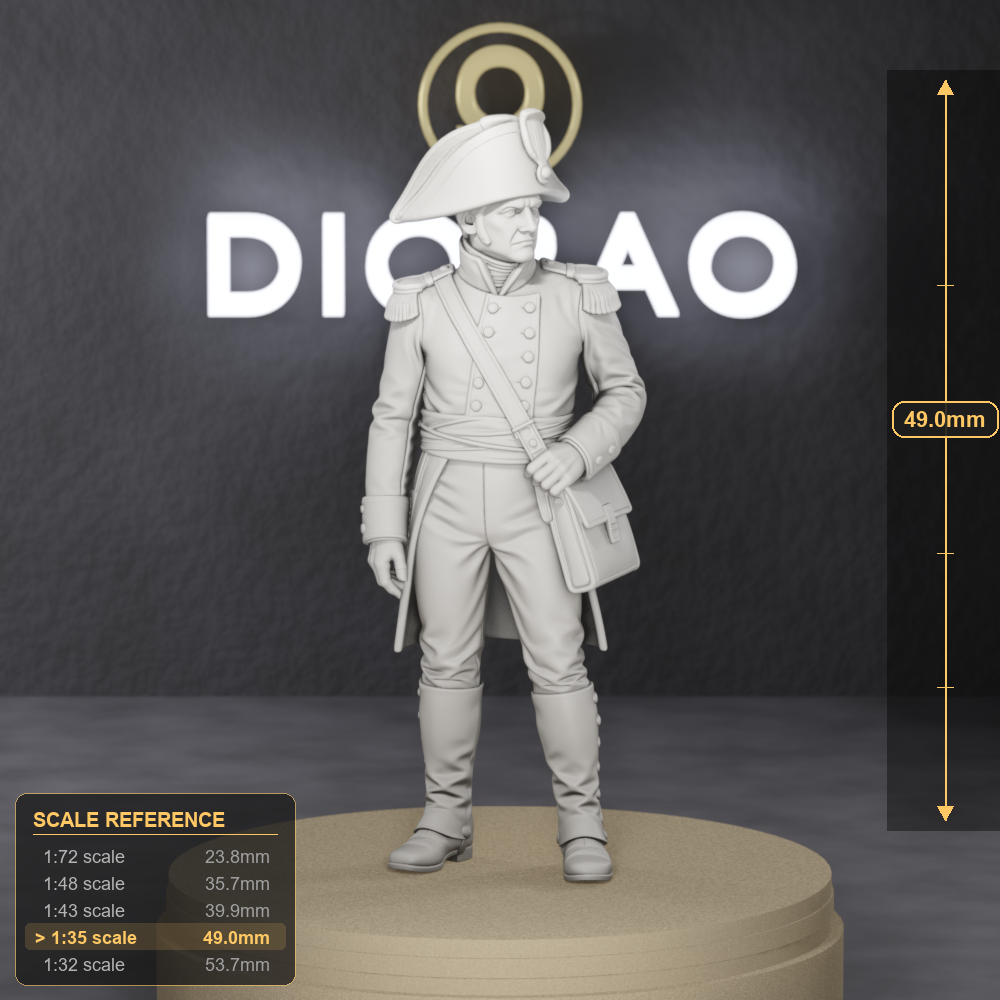 Artillery Officer With Map Case - Napoleonic French artillery officer holding a leather map case, 1:35 scale grey resin miniature. - size reference with ruler.