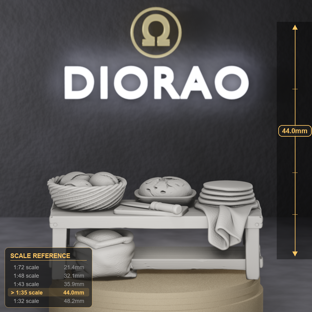 Bread Basket Stall — Roman pistor's market stall with stacked round loaves, 1:35 scale grey resin miniature. — size reference with ruler.
