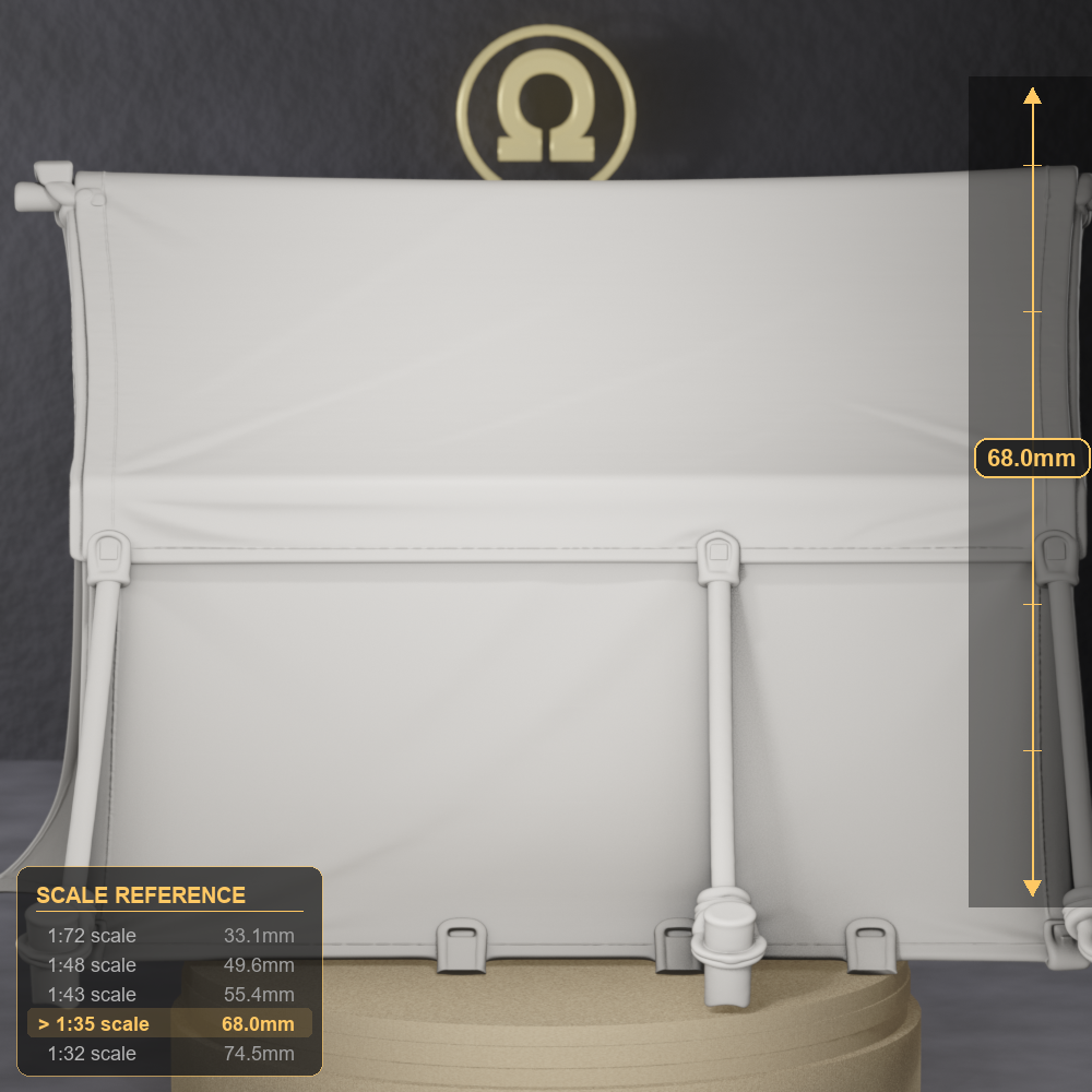 Canvas Command Tent Section - WWII Soviet canvas command tent fragment, 1:35 scale grey resin miniature. - size reference with ruler.