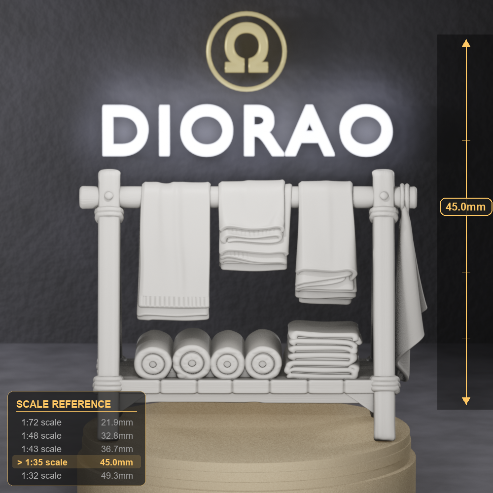 Cloth Merchant Rack — Roman vestiarius display rack with hanging tunics and folded textiles, 1:35 scale grey resin miniature. — size reference with ruler.